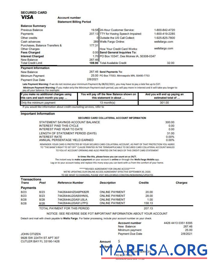 Blank USA Wells Fargo bank credit card statement excel sample